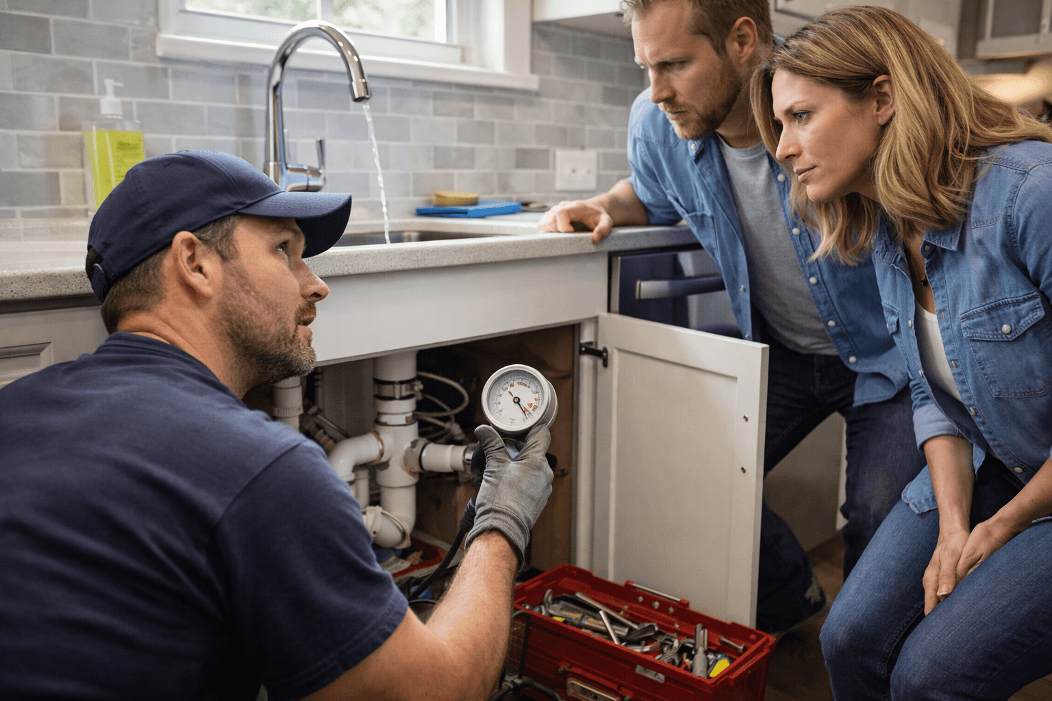 Plumber diagnosing low water pressure for Alexandria homeowners